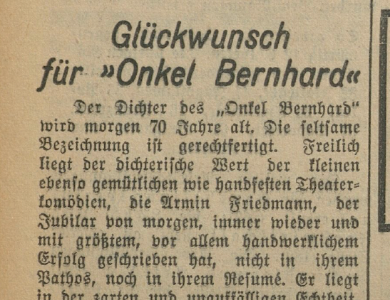 Congratulatory advertisement for 'Uncle Bernhard' in the Wiener Allgemeine Zeitung of December 31, 1933, page 6