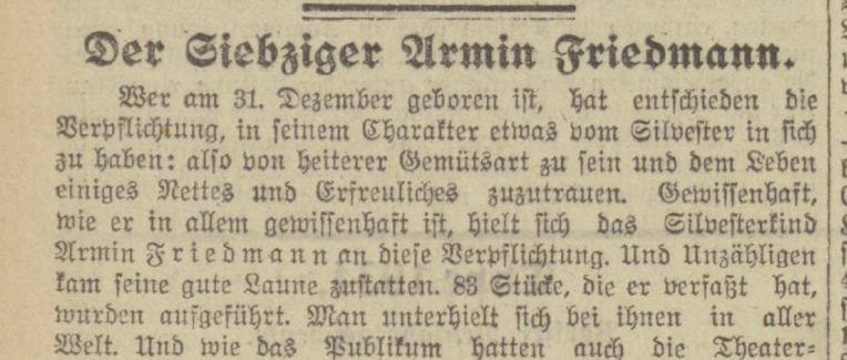 Artikel über den Siebziger Armin Friedmann im Neuen Wiener Tagblatt vom 31. Dezember 1933, Seite 6