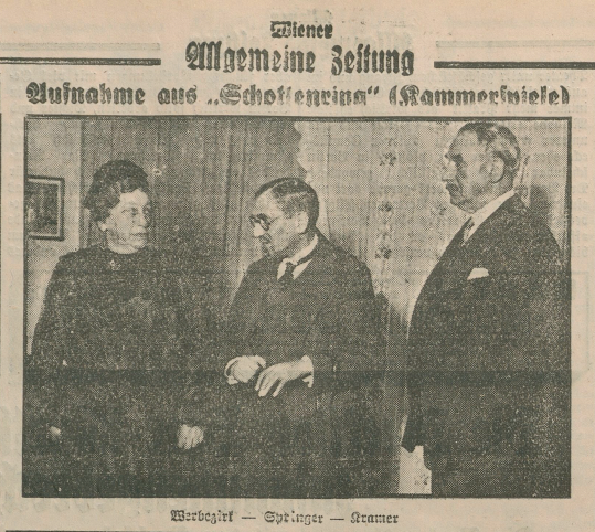 Aufnahme aus dem Theaterstück 'Schottenring' mit den Schauspielern Werbezirk, Springer und Kramer, abgedruckt in der Wiener Allgemeinen Zeitung vom 14. Januar 1933, Seite 6