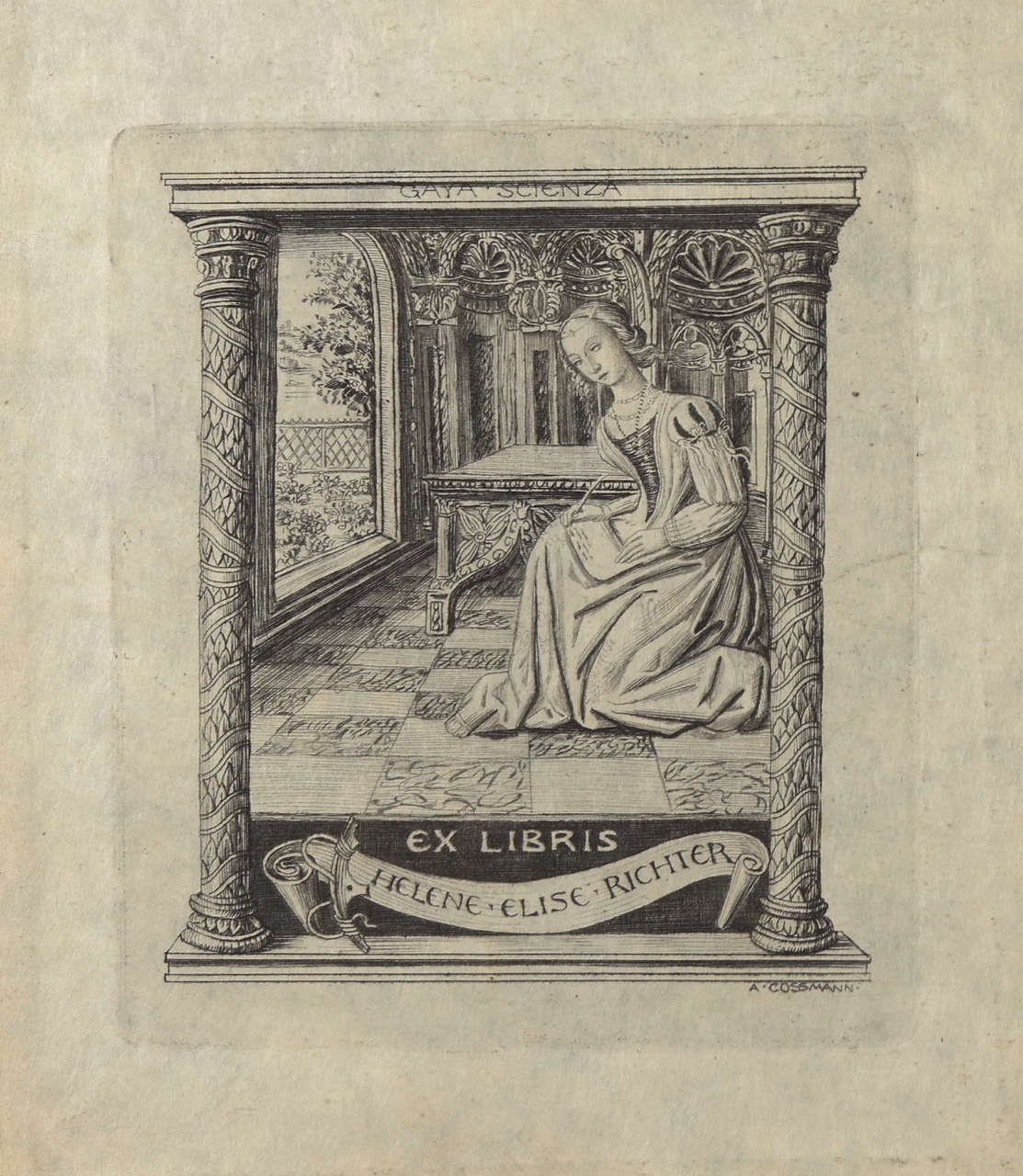 Vintage Ex Libris illustration with a seated woman in historical clothing in an artfully decorated alcove. Above the alcove is 'GAYA SCIENZA' and at the bottom 'Ex Libris Helene-Elise Richter'. Signed with 'A. Cossmann'.