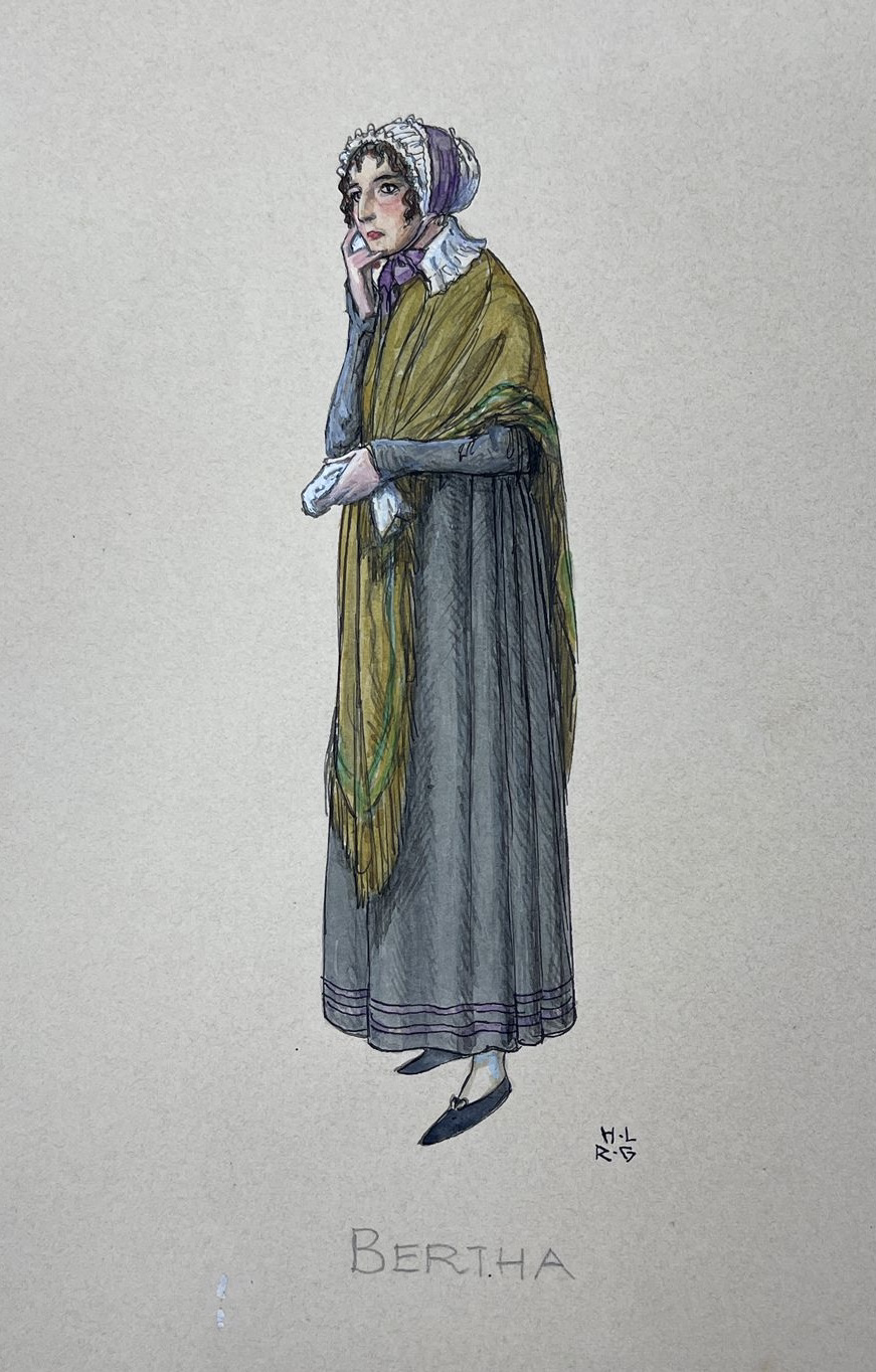 Eine künstlerische Illustration einer weiblichen Figur mit dem Namen "BERTHA". Sie trägt historische Kleidung, die möglicherweise aus dem 18. oder 19. Jahrhundert stammt. Sie hat eine Haube, ein Kleid und einen Mantel an, und sie hält ihre Hand an ihre Wange. Die Farben sind in sanften Tönen gehalten und die Zeichnung zeigt detaillierte Schattierungen und Texturen. Am unteren Rand der Illustration sind die Unterschrift oder Initialen des Künstlers zu sehen.