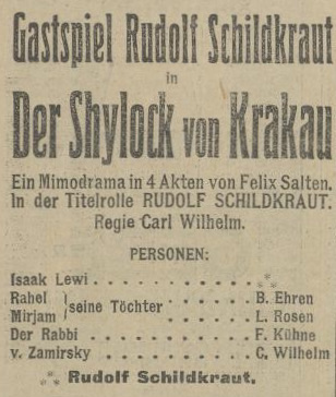 Ein historischer Zeitungsausschnitt auf Deutsch, der das Gastspiel "Der Shylock von Krakau" mit Rudolf Schildkraut bewirbt. Das Mimedrama wurde von Felix Salten geschrieben und von Carl Wilhelm inszenie